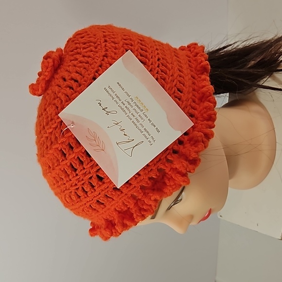 Hand Knit Crochet Bucket Hat Orange Floral Ruffle - Picture 12 of 17
